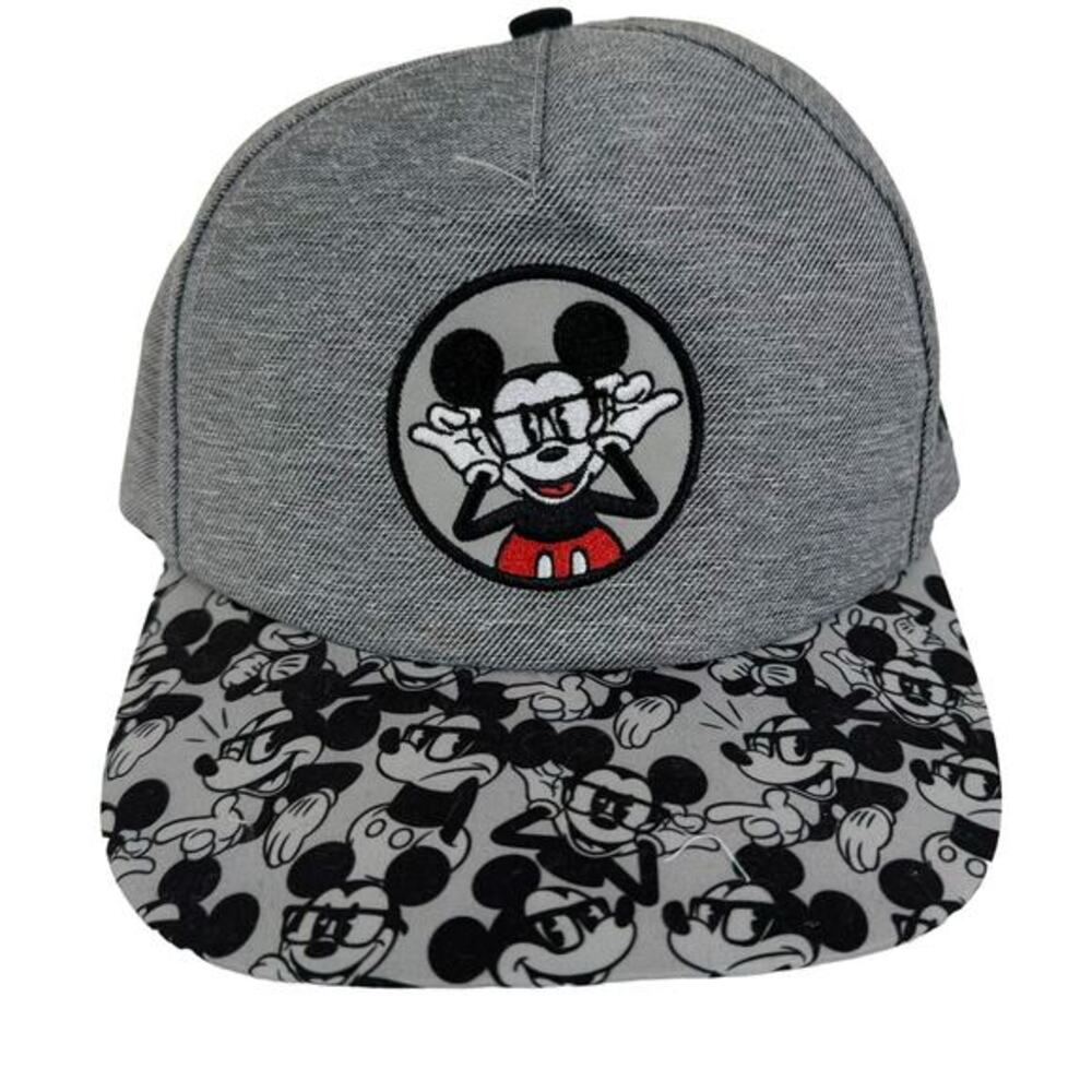 Disney Parks Mickey Mouse Glasses Grey Heather Snapback Hat Flat Brim‎ Adult